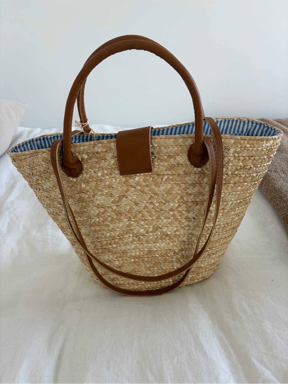 Woven Straw Lemon Tote Bag with Brown Handles - Picture 4 of 4